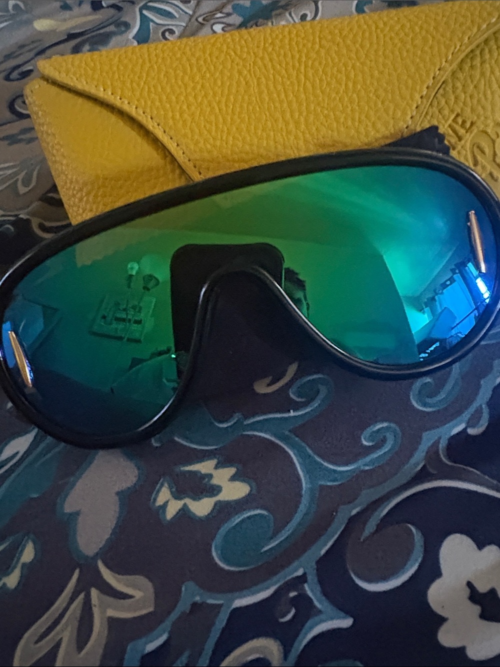 Brand New “Abiza” Loewe Black Frame Sunglasses with Green Mirrored Lenses